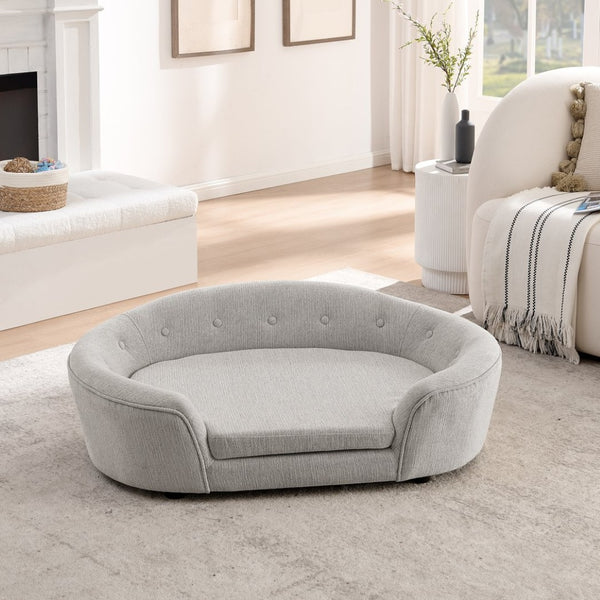 English Elm Oversized Oval Dog Sofa with Tufted Linen Backrest for Large Breed Lounging Comfort Beige W487P415300