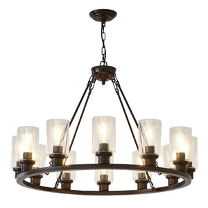 English Elm 9-light Matte Black Wagon Wheel Chandelier Seeded Glass Farmhouse Dining Room W5008P392768