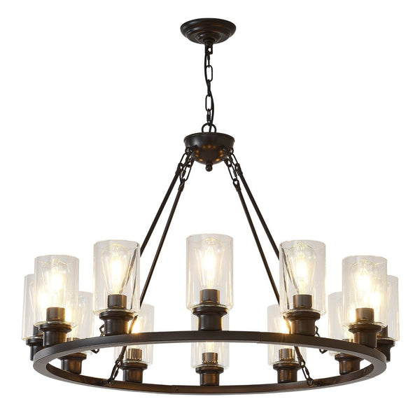English Elm 9-light Matte Black Wagon Wheel Chandelier Seeded Glass Farmhouse Dining Room W5008P392768