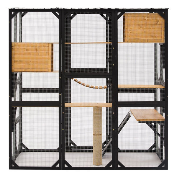 English Elm Outdoor Fir Wood Window Catio Enclosure with Four Climbing Platforms for Cats Black,Natural N719P418377N