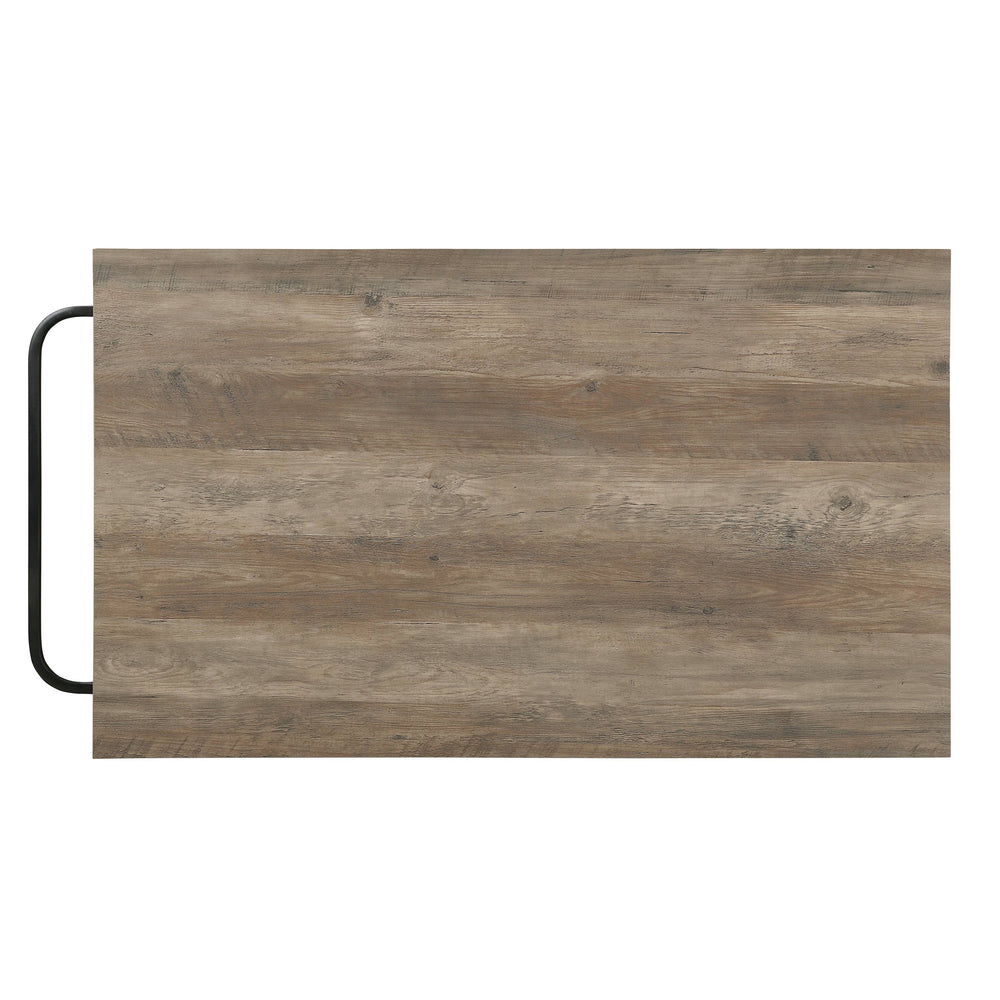 English Elm Macaria Rustic Oak Kitchen Island with Black Metal Base, 3 Drawers, 2-Tier Shelves & Wheels B2726P292333