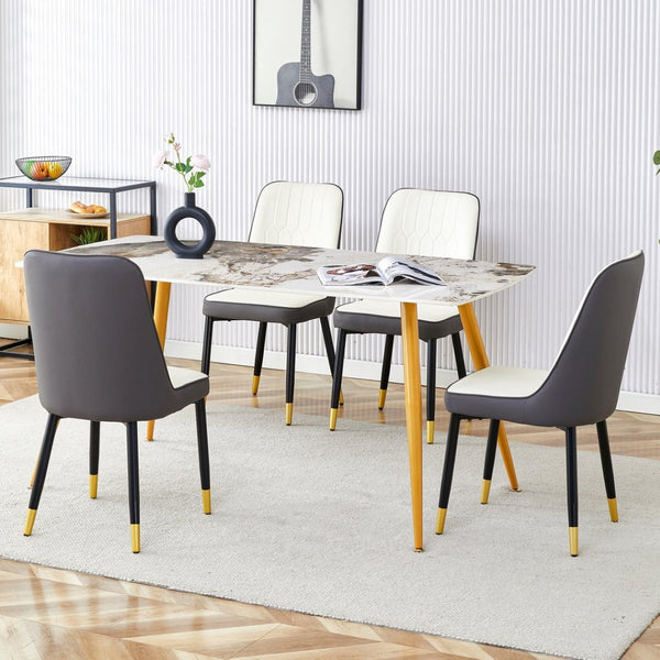 English Elm Table And Chair Set - Modern Minimalist Dining With White Marble Sintered Stone & Gold Legs, 4 Chairs W1151S01669-GIGA