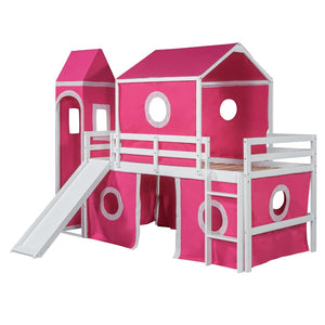 English Elm Twin Castle Loft Bed with Slide Fabric Tent and Tower Pinewood Kids Playhouse N708P249475H