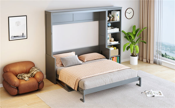 English Elm Queen Size Murphy Bed With Integrated Desk & Bookshelf – Stylish Gray Space-Saving Solution! N7090004016E-GIGA