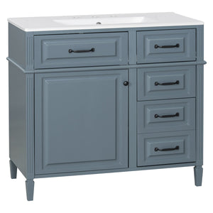 English Elm 36-Inch Modern Bathroom Vanity With Ceramic Sink Top, Storage Drawers, And Stylish Blue Gray Finish N725P350849E