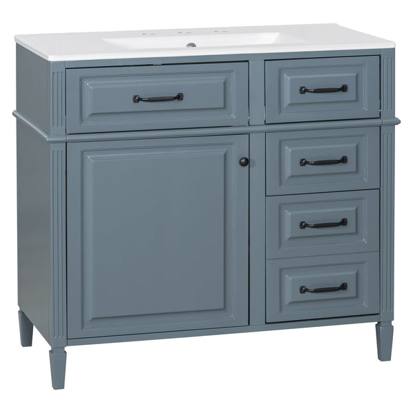English Elm 36-Inch Modern Bathroom Vanity With Ceramic Sink Top, Storage Drawers, And Stylish Blue Gray Finish N725P350849E