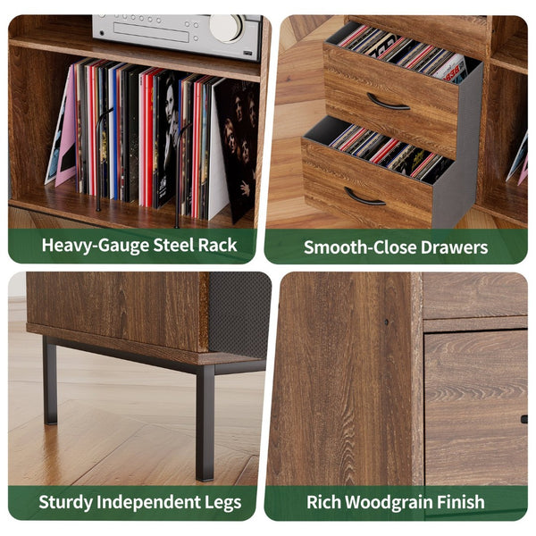 English Elm Record Player Stand with Vinyl Storage Mid-century Wood Console for Living Room T2398P438826