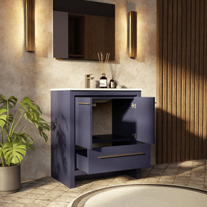 English Elm Navy Blue Single Bath Vanity Set With White Quartz Top, Gun Metal Faucet & 28 In. Mirror Included B2731S02045