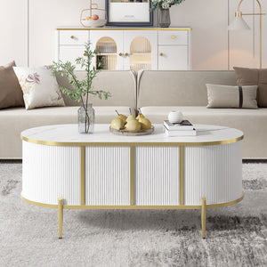 English Elm Modern Luxury Oval Shaped Fluted Coffee Table, Marble-Patterned Top Coffee Table With 2 Cabinets, Metal Legs and Handles For Living Room, White (Date Of Expected Arrival: 11.20)