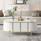 Modern Oval Fluted Marble Coffee Table, 2 Cabinets, Metal Legs, White (Arriving 11.20)