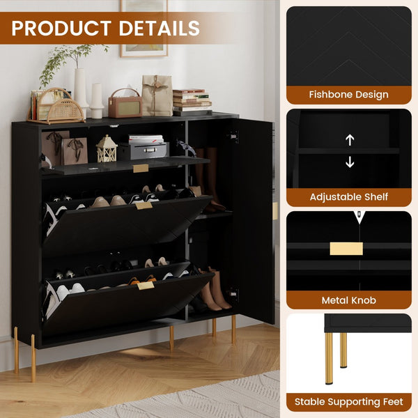 English Elm Mdf Herringbone Shoe Cabinet Gold Hardware Entryway Organizer Holds 16 Pairs Black T3609P482836