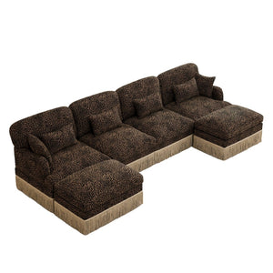 English Elm 131"comfy Chenille Leopard Print U-shaped Sectional with Tassel Trim and Modular Ottomans Brown W5656S00018