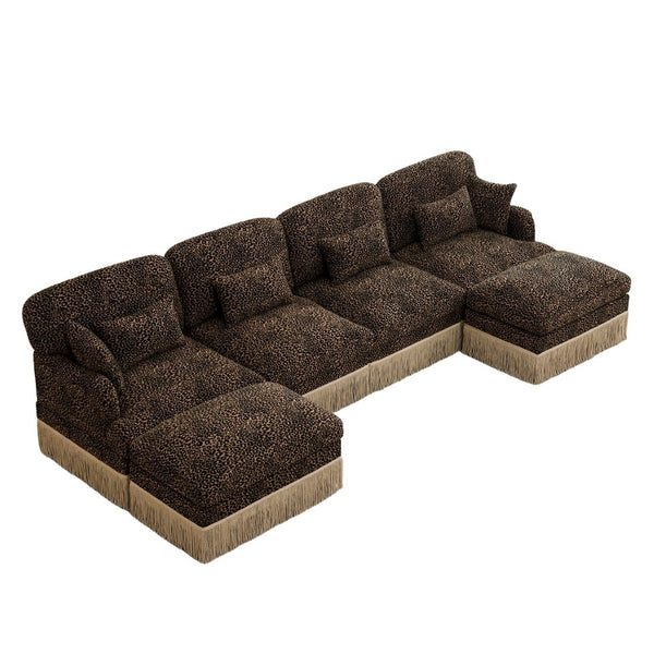 English Elm 131"comfy Chenille Leopard Print U-shaped Sectional with Tassel Trim and Modular Ottomans Brown W5656S00018