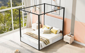 English Elm Queen Velvet Upholstered Canopy Bed White Metal 4 Poster Frame No Box Spring GX001031AAB