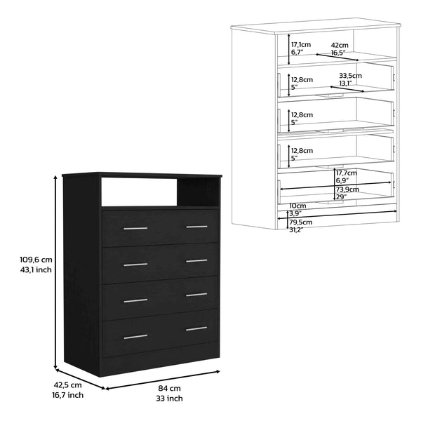 English Elm Four Drawer Dresser with Superior Top and Open Shelf, Engineered Wood, Metal Hardware, Modern Storage Black 46 L x 21 W x 4 H B097S00113