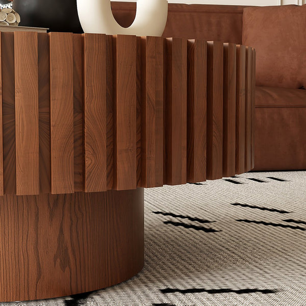 English Elm Round Handcrafted Olive-Shaped Coffee Table with Sturdy MDF Pedestal, Ready-to-Use Living Room Accent Natural Wood W3081P255076