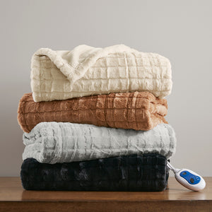 JLA Home Beautyrest - Oversized Plush Faux Fur Heated Throw with Secure Comfort, Low EMF, OEKO‑TEX, Machine Washable Brown Texture BR54-4699