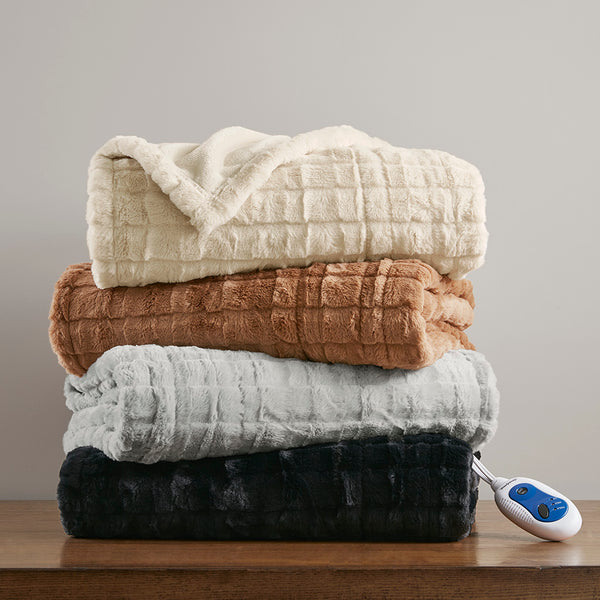 JLA Home Beautyrest - Oversized Plush Faux Fur Heated Throw with Secure Comfort, Low EMF, OEKO‑TEX, Machine Washable Brown Texture BR54-4699