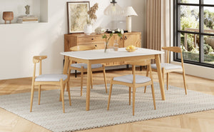 English Elm 5-piece Mid-century Modern Dining Set Rubberwood Table Splayed Legs Cushioned Chairs Beige,White+Oak N759S002002B