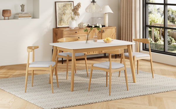 English Elm 5-piece Mid-century Modern Dining Set Rubberwood Table Splayed Legs Cushioned Chairs Beige,White+Oak N759S002002B