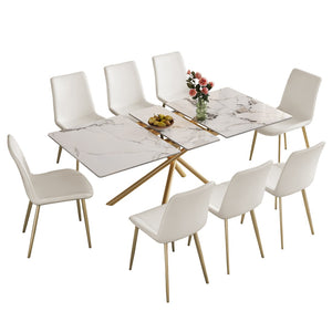 English Elm 59-inch Expandable Glass Top Dining Set Seats 8 with Upholstered Chairs X-base W2700S00091