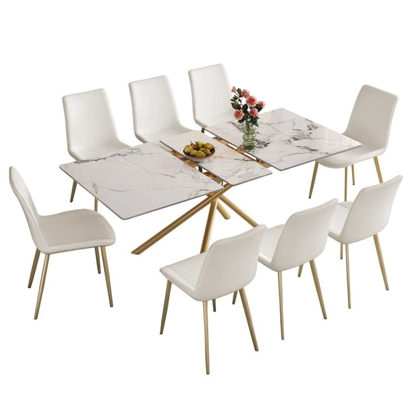 English Elm 59-inch Expandable Glass Top Dining Set Seats 8 with Upholstered Chairs X-base W2700S00091
