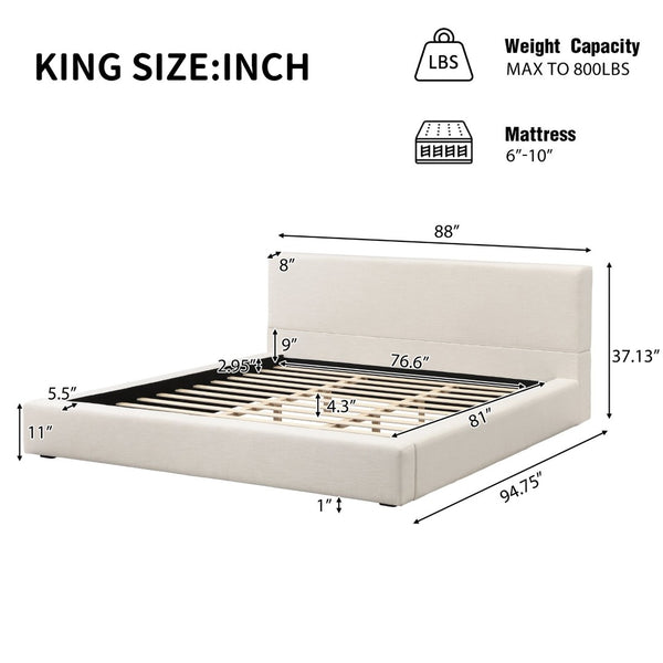 English Elm King Linen Upholstered Platform Bed Thick Padded Headboard No Box Spring Needed N757K345636I
