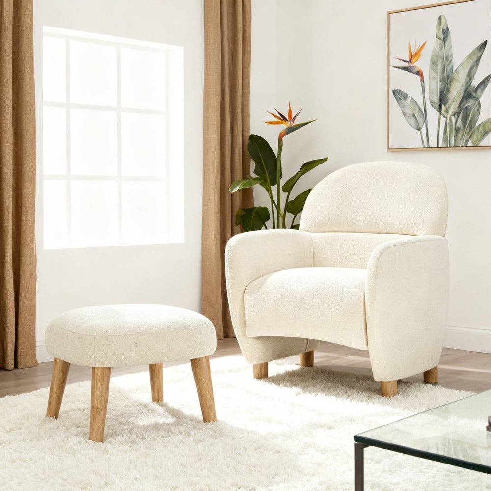 English Elm Modern Upholstered Accent Chair with Ottoman Set for Cozy Reading Nooks and Small Spaces Beige+White W2085P382556