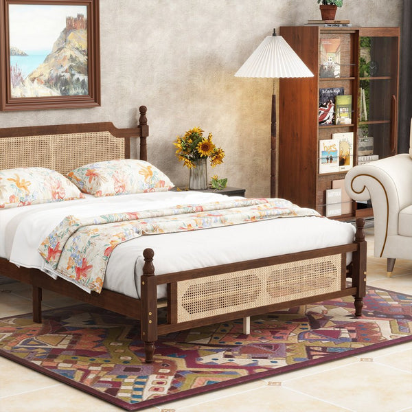 English Elm Queen Pine Bed with Rattan Headboard & Footboard, Walnut Finish, Space-Saving Central Platform Design W504P269833