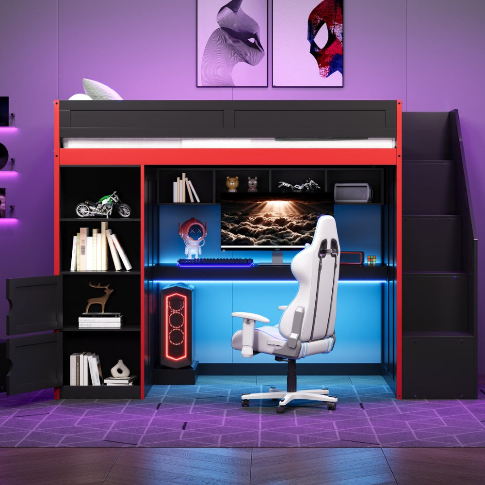 English Elm Gaming Twin Loft Bed with Led Desk Storage Locker and Bold Black Red Finish N709P004102J