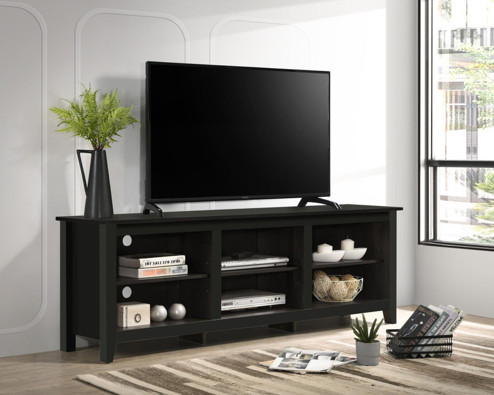 English Elm Tropea 58 Inch Open Shelf Media Console with Oak Finish and Cord Management B2749P413251