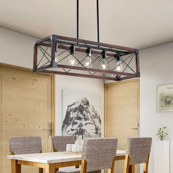 English Elm 32" Red Wood Industrial Farmhouse Pendant Light 5-Light Rectangle Chandelier for Kitchen Island Dining Room Cafes W2312P374775