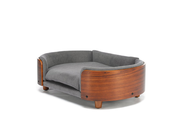 English Elm Scandinavian Mid-century Pet Sofa with Walnut Bentwood Back and Navy Velvet Cushion Dark Grey W794125938