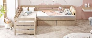 English Elm Twin L-Shaped Platform Bed with Three Spacious Drawers, Solid Pine & MDF, Clean-Lined Design Natural N7090000468N