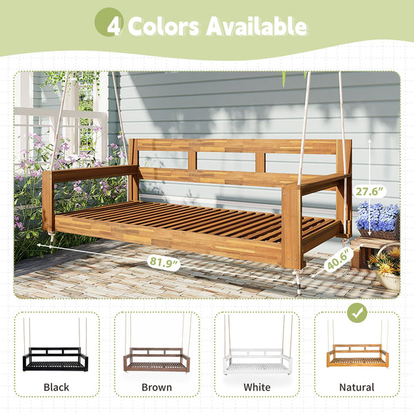 English Elm TOPMAX Acacia Wood Twin Porch Swing Bed Frame with High Back, 350lb Capacity & 118" Hemp Ropes Natural N717P265795A