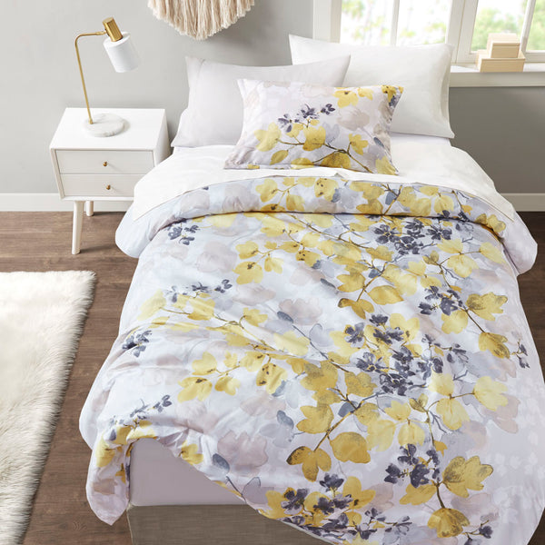 JLA Home Madison Park Essentials - Comforter Modern Botanical Leaf Print in Yellow Gray White with Ultra-Soft Microfiber Sheets & Pockets CS10-1378