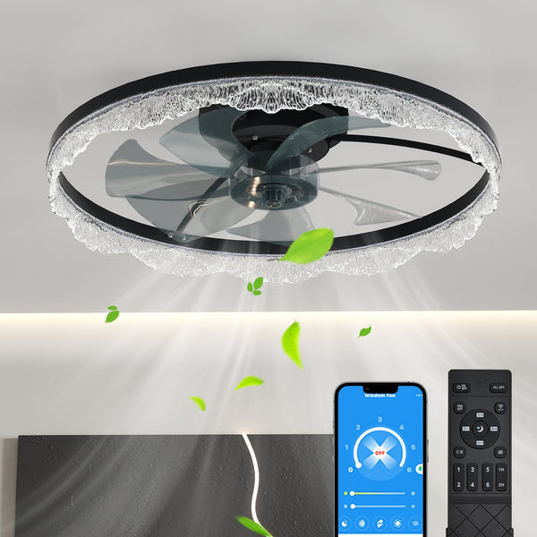 English Elm 24" Black LED Ceiling Fan Light Flush Mount with Hidden Blades, Remote & App Control, Dimmable W2312P368709
