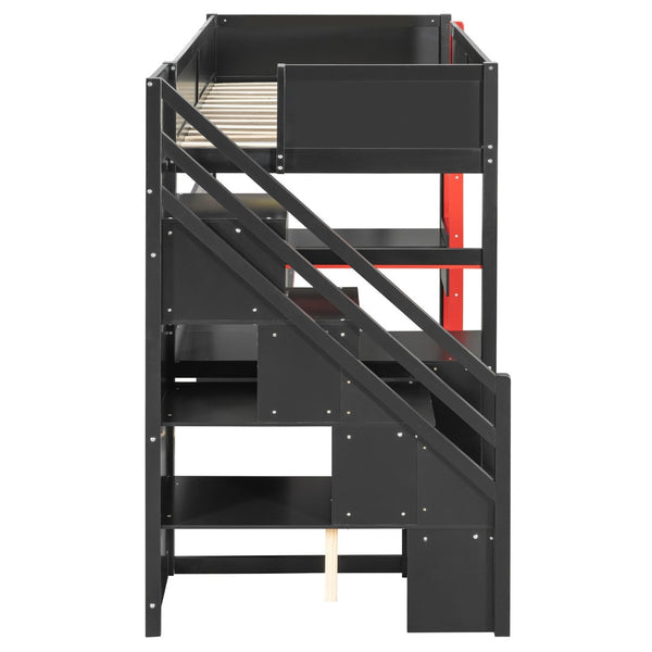 English Elm Full Size Gaming Loft Bed with Led Lighting Desk Shelves and Usb Charging Ports N820S00070J