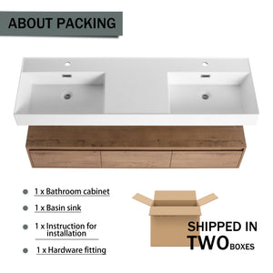 English Elm 60 Inch Wall-Mounted Modern Bathroom Vanity With Dual Resin Sinks, Soft Close Drawers & Chic Design W999S00356