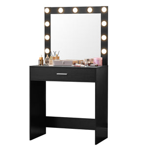 English Elm Vanity Elegant dressing table with LED mirror lights, large drawer, adjustable brightness & storage Black W2386P216224