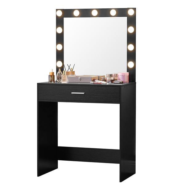 English Elm Vanity Elegant dressing table with LED mirror lights, large drawer, adjustable brightness & storage Black W2386P216224
