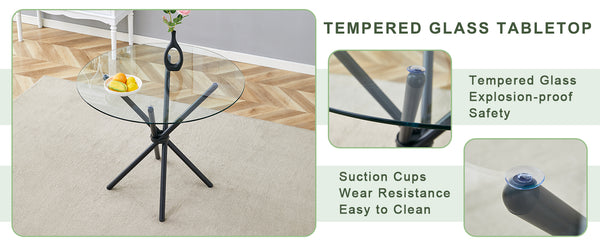 English Elm A circular tempered glass round table 36.6" diameter with sleek black ring metal legs, modern design W1151P294396