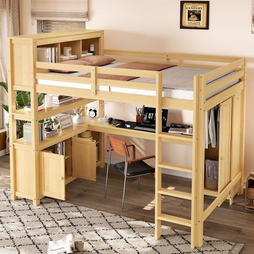 English Elm Full Size Pine Loft Bed House Frame with Slide Bookshelves and Moon Star Rails W1580S00163