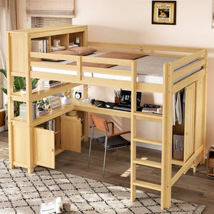 English Elm Full Size Pine Loft Bed House Frame with Slide Bookshelves and Moon Star Rails W1580S00163