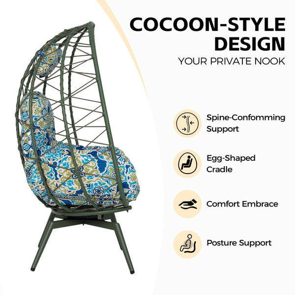 English Elm Oversized Swivel Rattan Egg Chair with Plush Cushions for Patio or Living Room T5880P501012