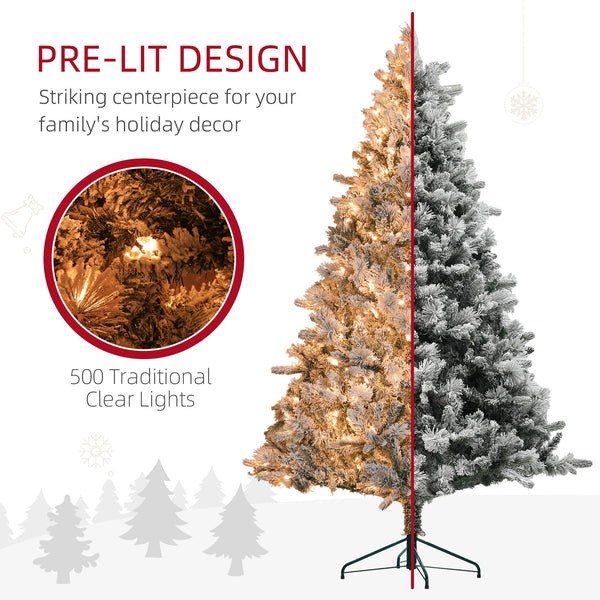 English Elm Homcom 7.5 Ft Snow Flocked Christmas Tree With 500 Warm Lights, Lifelike Hinged Design For Holidays W2225P249672
