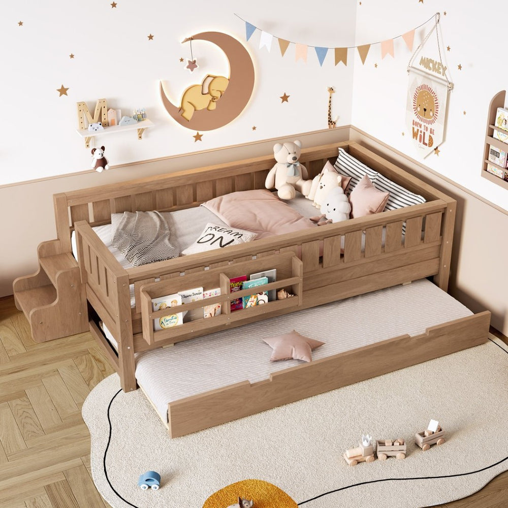 English Elm Twin Kids Platform Bed with Trundle Staircase Bookshelf and Rounded Safety Rails Natural W1580S00558