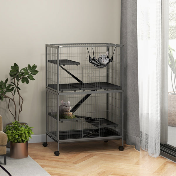 English Elm PawHut 50" 5-Tier Small Animal Cage with Hammock, Heavy-Duty Steel, 4 Doors, Removable Tray, Gray W2225P200802