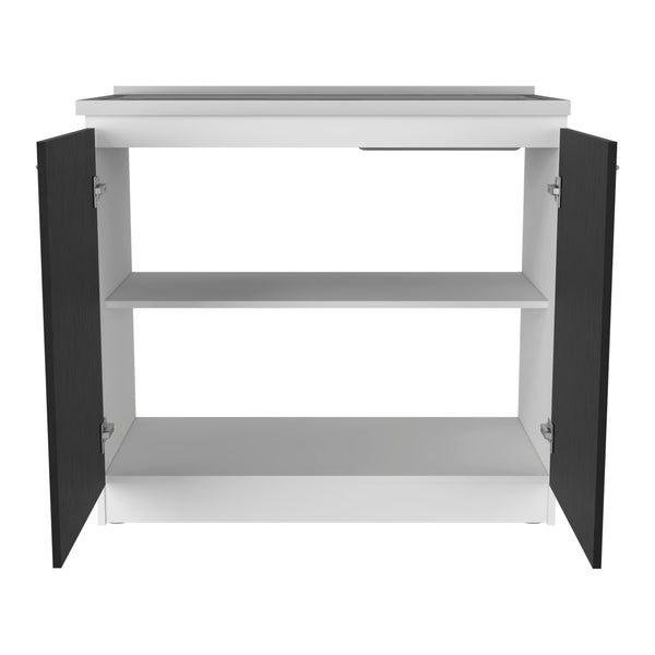 English Elm Freestanding Sink Cabinet With Double Doors, 2 Shelves, Stylish White & Black Finish For Storage B097S00140