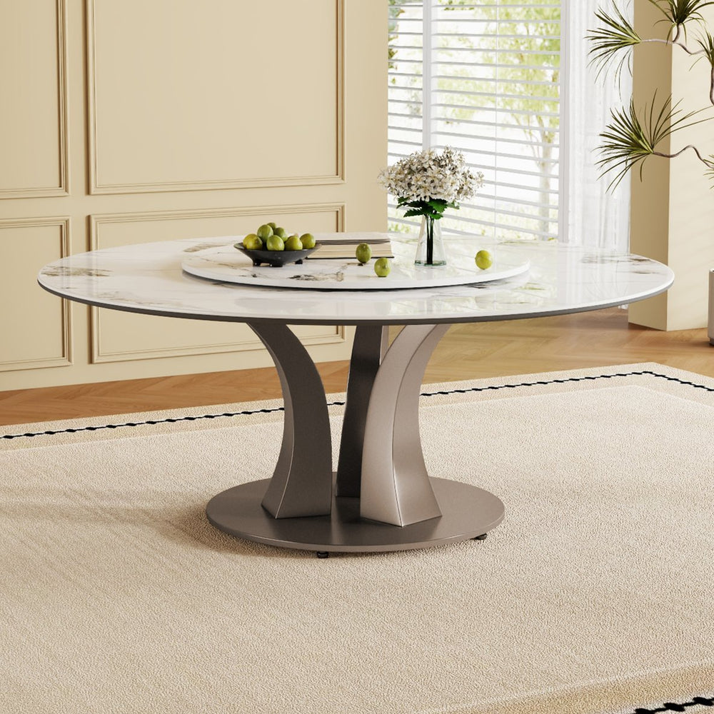 English Elm 59" Round Dining Table With Lazy Susan & Heat-Resistant Sintered Stone Top For Modern Spaces W2699S00045